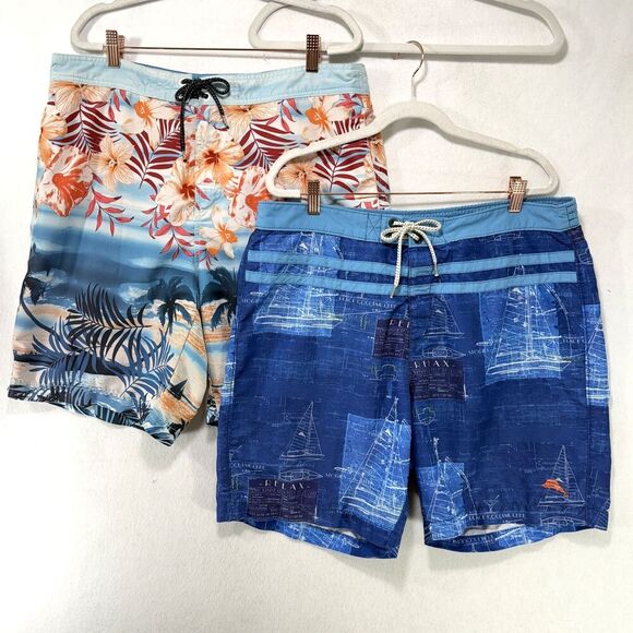 Tommy Bahama Swim Trunks Lot of 2 Men L Blue and Floral Hawaiian Board Shorts - Picture 1 of 16